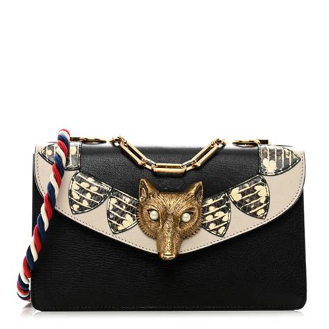 GUCCI Goatskin Snakeskin Fox Broche Shoulder Bag Black 